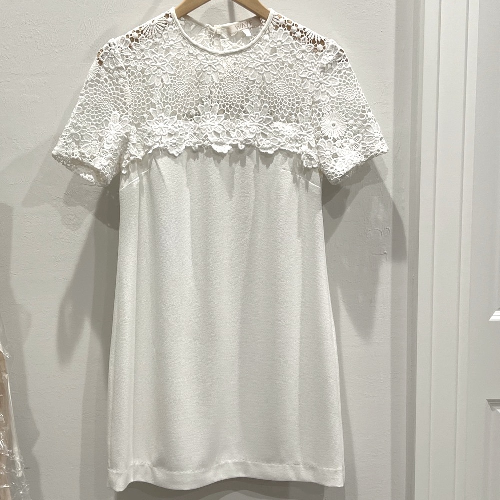 Wayf White Dress with Floral Lace Yoke